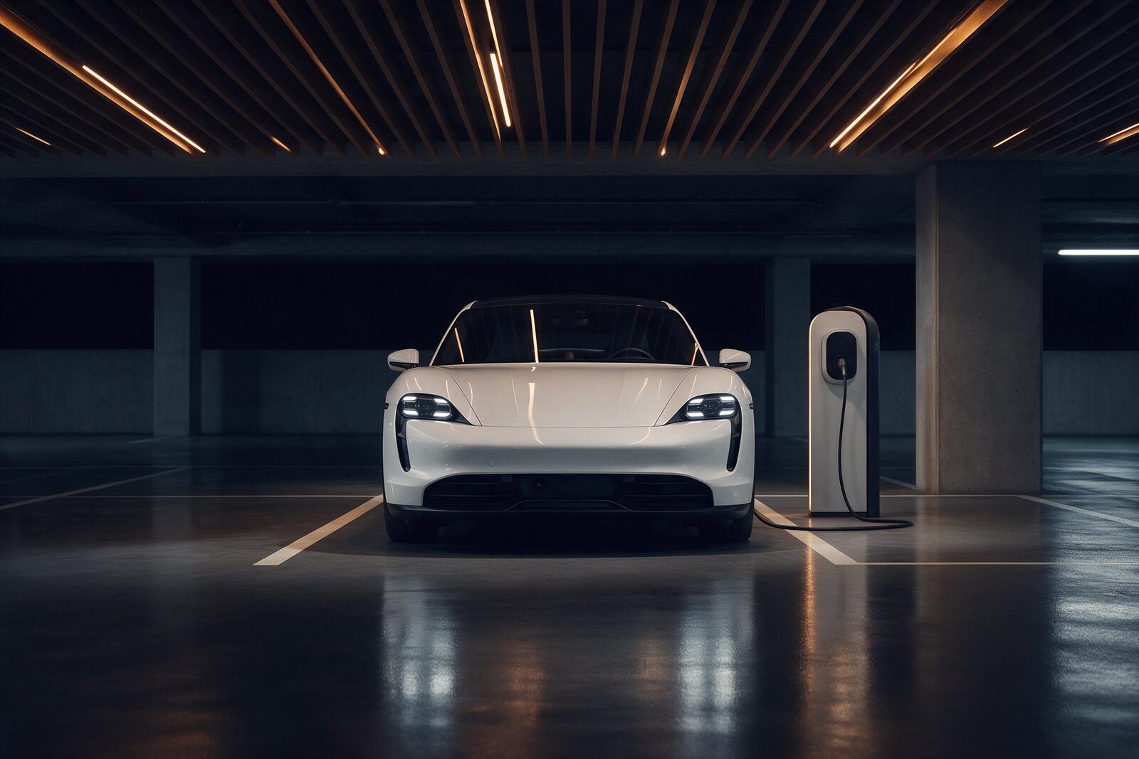Kapalı otoparkta şarjdaki beyaz elektrikli sedan