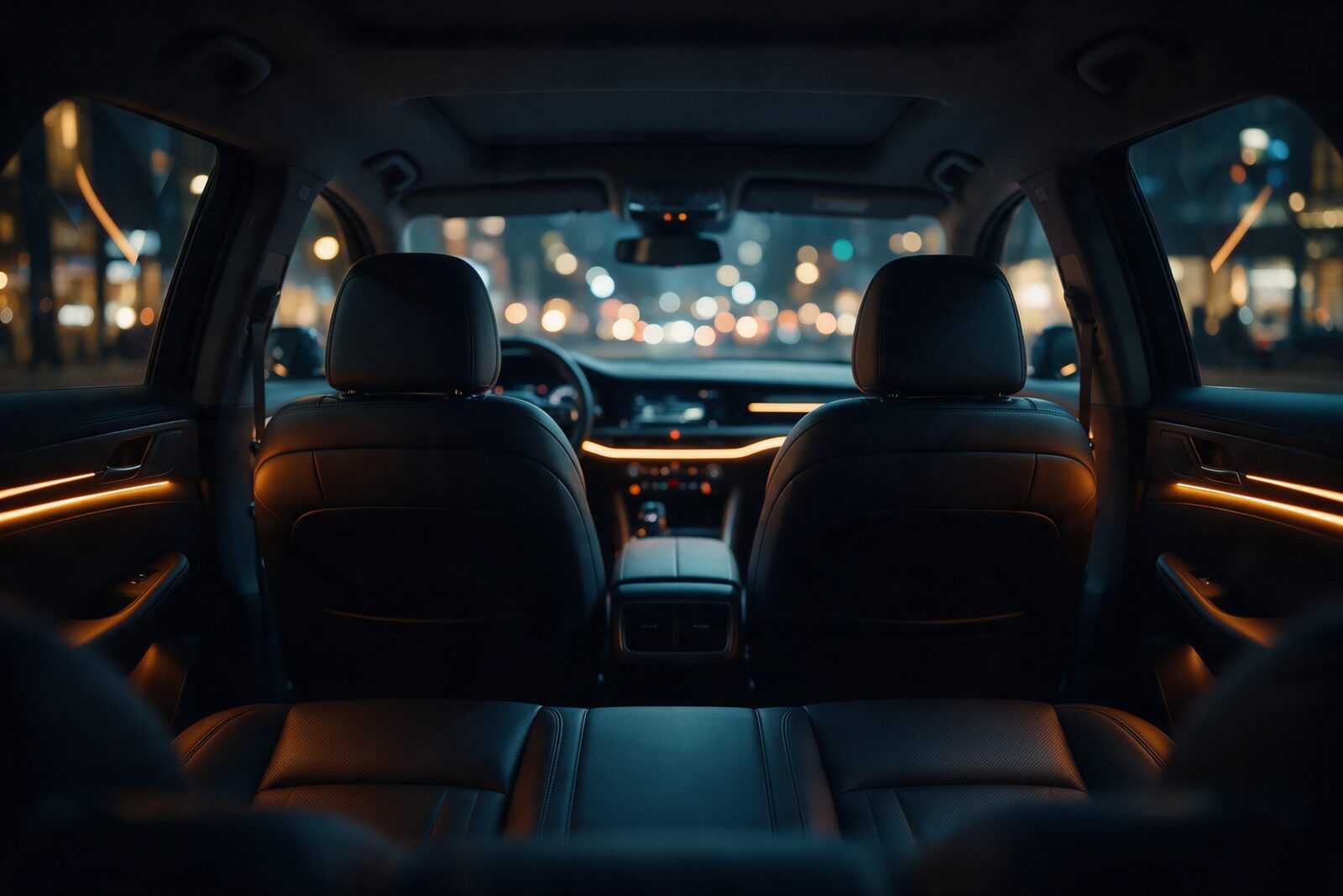 Gece, premium bir otomobilin deri koltukları ve kehribar ortam ışığı