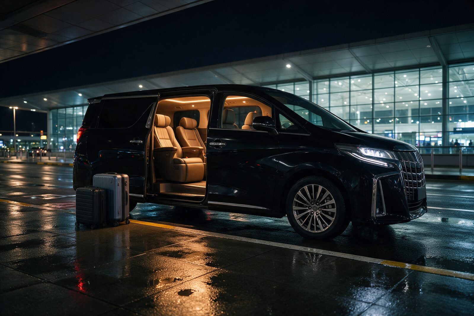 Havalimanı geliş kapısında kapısı açık siyah VIP minivan, kaptan koltuklar ve iki valiz
